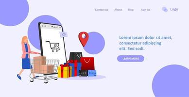 modèle de page web d'atterrissage pour l'application de magasinage en ligne. femme poussant l'illustration vectorielle de panier vecteur