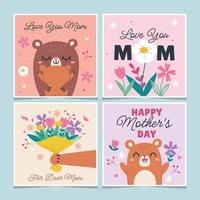 pack de cartes d'appréciation de la fête des mères avec personnage d'ours de dessin animé vecteur