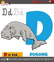 lettre d de l'alphabet avec personnage animal dugong de dessin animé vecteur