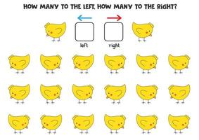 à gauche ou à droite avec un poulet mignon. feuille de travail logique pour les enfants d'âge préscolaire. vecteur