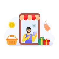 personne achetant des produits en ligne, illustration plate du shopping mobile vecteur