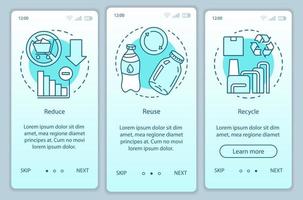 modèle vectoriel d'écran de page d'application mobile pour la gestion des déchets. zéro déchet, réduire, réutiliser, recycler les étapes du site Web avec des illustrations linéaires. concept d'interface de smartphone ux, ui, gui