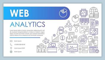 bannière d'analyse Web, modèle de carte de visite. mesures de marketing Internet. contact de l'entreprise avec téléphone, icônes de ligne de courrier électronique. conversions, statistiques de trafic. présentation, page web. mise en page d'impression d'entreprise vecteur