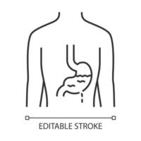 icône linéaire de l'estomac malade. gastrite. organe humain douloureux. système digestif malsain. tube digestif. illustration de la ligne mince. symbole de contour. dessin de contour isolé de vecteur. trait modifiable vecteur