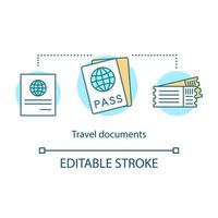 icône de concept de document de voyage. illustration de la ligne mince de l'idée du passeport international. visa, billets. aide aux formalités touristiques. vol en avion, croisière. dessin de contour isolé de vecteur. trait modifiable vecteur