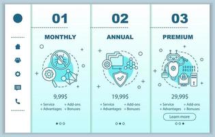 frais d'abonnement au logiciel antivirus embarquant des écrans d'application mobile avec des prix de service. modèles de pages de site Web pas à pas. logiciels espions, plans tarifaires du programme anti-malware, étapes tarifaires. paiement par smartphone vecteur
