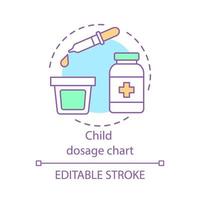 icône de concept de tableau de dosage enfant. doser des médicaments pour les enfants. gobelet doseur, compte-gouttes. ordonnance du médecin. illustration de la ligne mince de l'idée de traitement de l'enfant. dessin de contour isolé de vecteur. trait modifiable vecteur