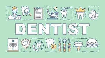 bannière de concepts de mot dentiste. cabinet dentaire, prévention des caries, dentisterie, bilan de santé, soins dentaires. présentation, site internet. idée de typographie de lettrage isolé avec icône linéaire. illustration de contour de vecteur