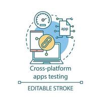 icône de concept de test d'application multiplateforme. optimisation des performances, illustration de la ligne mince de l'idée de vérification de l'utilisabilité. gestion du système, prototypage. dessin de contour isolé de vecteur. trait modifiable vecteur