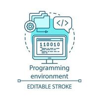 environnement de programmation, icône de concept de langage de codage. génie logiciel, illustration de la ligne mince de l'idée de développement d'application. correction de bugs, rédaction de scripts. dessin de contour isolé de vecteur. trait modifiable vecteur