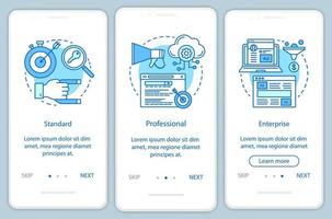 écran de page d'application mobile d'intégration d'abonnement crm avec des concepts linéaires. instructions graphiques en trois étapes. tarifs standards ou professionnels. ux, ui, modèle vectoriel gui avec illustrations