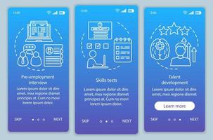 modèle de vecteur d'écran de page d'application mobile d'intégration de gradient bleu de croissance de carrière. épreuve d'embauche. étapes du site Web pas à pas de l'entretien d'embauche avec des icônes linéaires. concept d'interface de smartphone ux, ui, gui