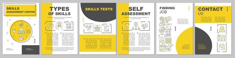 mise en page du modèle de brochure jaune d'évaluation des compétences. dépliant, livret, conception d'impression de dépliant avec des icônes linéaires. capacités des employés mises en page vectorielles pour les magazines, les rapports annuels, les affiches publicitaires vecteur