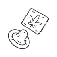 icône linéaire de préservatif cbd. la contraception. l'industrie cannabique. production de cannabis. maladies vénériennes, prévention de la grossesse. illustration de la ligne mince. symbole de contour. dessin isolé de vecteur. trait modifiable vecteur