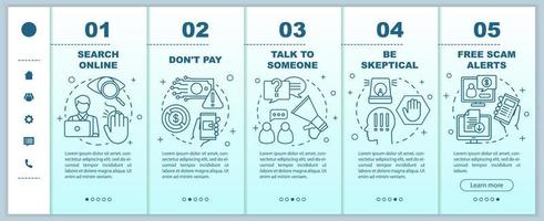 modèle vectoriel de pages Web mobiles d'intégration de prévention des escroqueries. idée d'interface de site Web de smartphone réactif avec des illustrations linéaires. être sceptique. écrans pas à pas de la page Web. notion de couleur