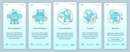 modèle de vecteur d'écran de page d'application mobile d'intégration de compétences en affaires. doux employé, qualités basiques. prise de décision, curiosité, optimisme pas à pas étapes du site Web. ux, ui, interface graphique pour smartphone