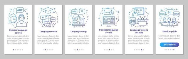 modèle de vecteur d'écran de page d'application mobile d'intégration d'apprentissage des langues. cours express, camp d'été, cours pour enfants, étapes du site Web du club de parole. concept d'interface de smartphone ux, ui, gui