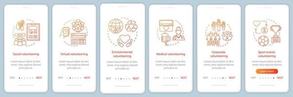 types de bénévolat intégration de l'écran de la page de l'application mobile avec des concepts linéaires. opportunités de volontariat étapes pas à pas instructions graphiques. modèle vectoriel ux, ui, gui avec illustrations