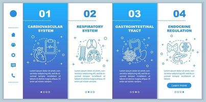 modèle de vecteur d'écran de page d'application mobile d'intégration de médecine et de soins de santé. étapes de la procédure pas à pas du système cardiovasculaire et respiratoire avec illustrations linéaires. concept d'interface de smartphone ux, ui, gui