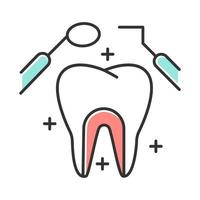 icône de couleur de soins dentaires. procedures médicales. dentisterie. odontologie. examen des dents. traitement des cavités. prévention des caries. services de santé bucco-dentaire. bilan des maux de dents. illustration vectorielle isolée vecteur