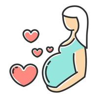 icône de couleur de soins de grossesse. période prénatale. maternité, parentalité. attend un bébé, un enfant. visite de contrôle gynécologique. procédure médicale. traitement clinique professionnel. illustration vectorielle isolée vecteur