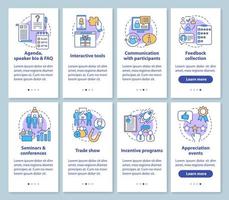 écran de page d'application mobile d'intégration du service de planification d'événements d'entreprise avec des concepts linéaires. instructions graphiques pas à pas pour la gestion des événements de l'entreprise. ux, ui, modèles vectoriels gui avec illustrations vecteur