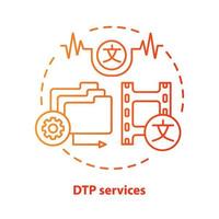 icône de concept rouge de services dtp. illustration de la fine ligne de l'idée des services de publication assistée par ordinateur. révision de copie, traduction de contenu et formatage de texte. dessin de contour isolé de vecteur. trait modifiable vecteur