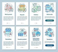 écrans de page d'application mobile d'intégration de protestation sociale avec ensemble de concepts linéaires. démonstrations pacifiques et violentes pas à pas instructions graphiques. ux, ui, modèle vectoriel gui avec illustrations