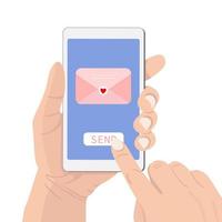 envoi de concept de message d'amour. téléphone portable avec enveloppe fermée avec coeur, bouton d'envoi. écran tactile au doigt. illustration vectorielle de dessin animé plat pour sites Web, conception de bannières vecteur