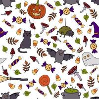 modèle sans couture de vecteur d'halloween. fantôme, balai, chat, chauve-souris, fond de chapeau. texture colorée de vacances pour l'emballage, le papier peint, le textile, le scrapbooking. illustration vectorielle dessinée à la main dans un style doodle