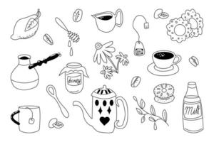 ensemble de griffonnages de café et de thé. illustration vectorielle noir et blanc vecteur