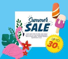 bannière de soldes d'été, affiche de remise de saison avec flamande et glaces, invitation à faire du shopping avec une étiquette jusqu'à trente pour cent, carte d'offre spéciale vecteur