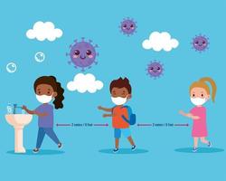 les enfants portant un masque médical et la distanciation sociale protègent le coronavirus covid 19, font la queue pour se laver les mains vecteur