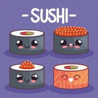 mignon, sushi, kawaii, quatre, icônes vecteur