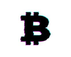 icône isolée de pépin bitcoin plat. symbole de crypto-monnaie silhouette btc dans un style d'art glitch dans des couleurs de lueur néon. illustration isolée de vecteur d'argent crypto.