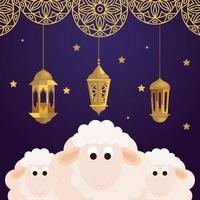 eid al adha mubarak, bonne fête du sacrifice, moutons avec lanternes suspendues et décoration vecteur