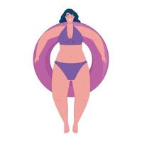 Jolie femme dodue en maillot de bain de couleur violette dans le cercle de flotteur de sauveteur vecteur