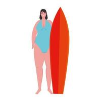 Jolie femme dodue avec planche de surf en maillot de bain bleu sur fond blanc vecteur