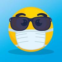 Emoji avec des lunettes de soleil portant un masque médical, visage jaune avec des lunettes de soleil portant un masque chirurgical blanc vecteur