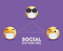 emoji de distanciation sociale portant un masque médical, visages jaunes dans la distanciation sociale publique pour la prévention du covid 19 vecteur