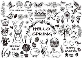 printemps et joyeuses pâques jeu d'illustrations vectorielles en noir et blanc vecteur