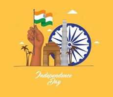 bonne fête de l'indépendance indienne, ashoka chakra avec icônes traditionnelles vecteur