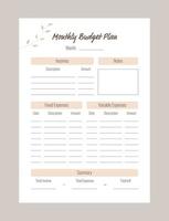 planificateur de budget mensuel. modèle de planificateur personnel dans un style minimaliste et des couleurs pastel. vecteur