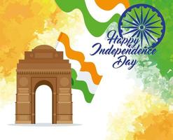 bonne fête de l'indépendance indienne, monument de la porte avec drapeau et ashoka chakra vecteur