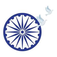 symbole indien de roue d'ashoka bleue, chakra d'ashoka avec des colombes blanches volantes vecteur