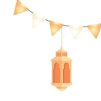 lanterne ramadan kareem suspendue avec décoration de guirlande, lanterne dorée suspendue sur fond blanc vecteur