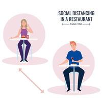 distance sociale dans un nouveau concept de restaurant, couple sur des tables, protection, prévention du coronavirus covid 19 vecteur