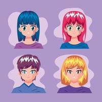 quatre personnages d'anime vecteur