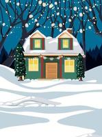 scène d'hiver de noël avec maison couverte de neige vecteur