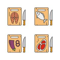 jeu d'icônes de couleur de coupe alimentaire. planches à découper avec poisson saumon, aubergine, steak de viande. illustrations vectorielles isolées vecteur